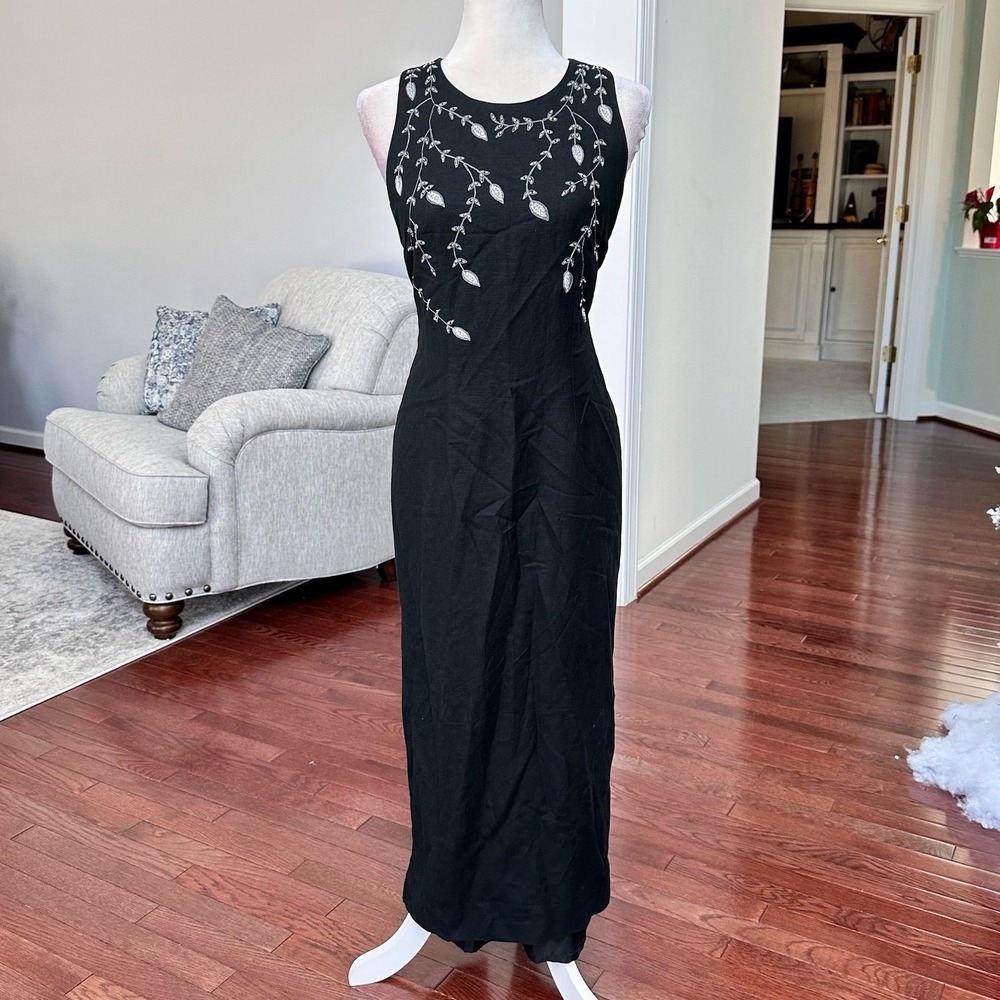 Vintage Positive Attitude Black Linen Coquette Embroidered Maxi Dress Size 10